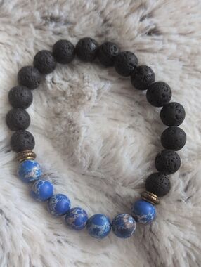 Black Lava & Blue Marble Beaded Bracelet